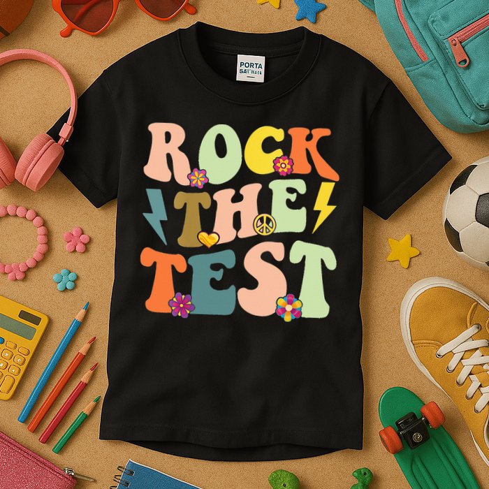 Rock The Test Groovy Design Funny Testing Day Teacher Kids T-Shirt