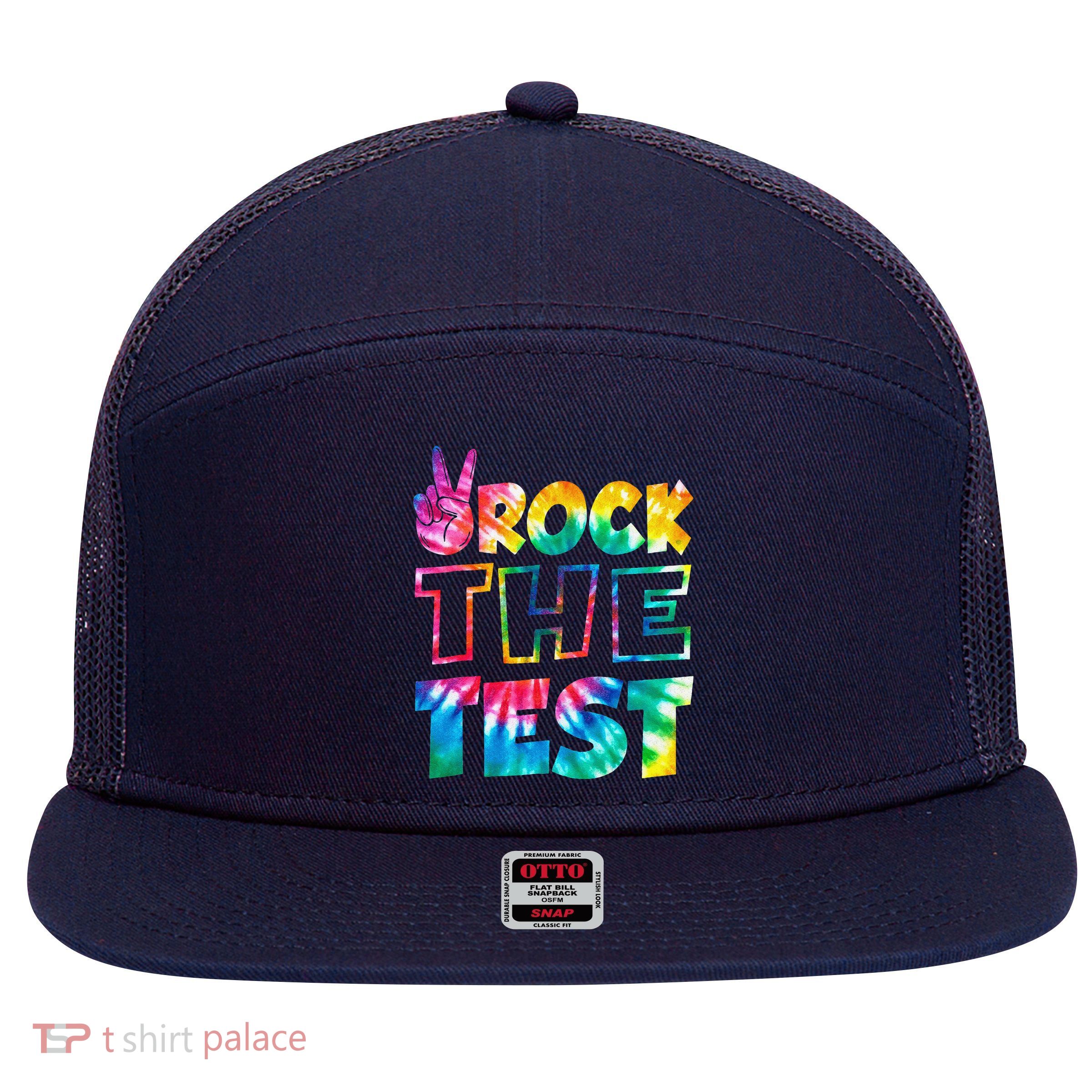 Rock The Test Testing Day Motivational Teacher 7 Panel Mesh Trucker Snapback Hat
