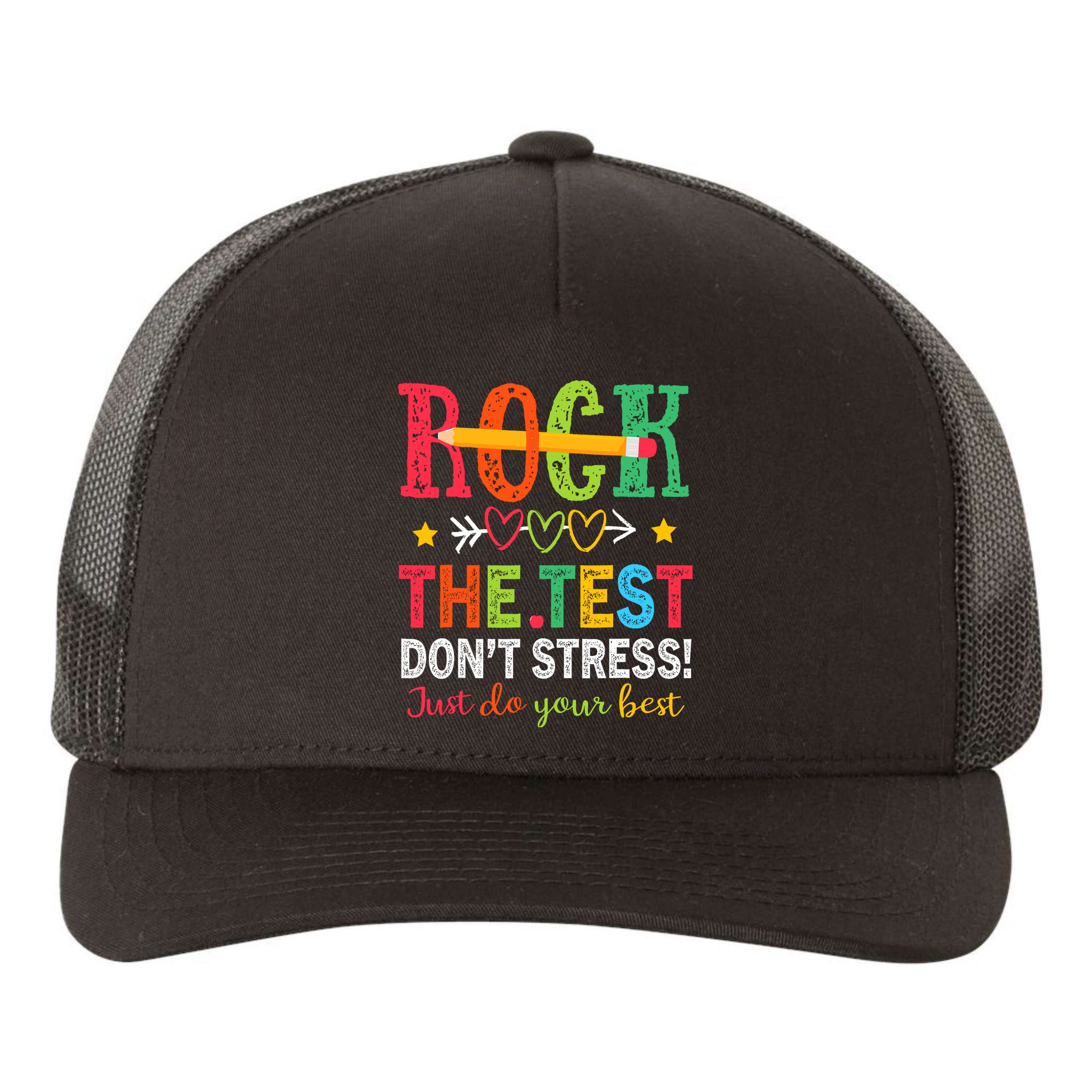 Rock The Test Dont Stress Just Do Your Best Teacher Testing Yupoong Adult 5-Panel Trucker Hat