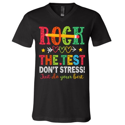 Rock The Test Dont Stress Just Do Your Best Teacher Testing V-Neck T-Shirt