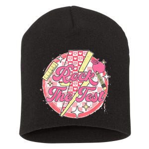 Rock The Test Teacher Student Funny Testing Day Checkered Short Acrylic Beanie