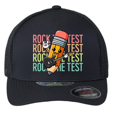 Rock The Test Day Teacher Testing Day Motivational Funny Flexfit Unipanel Trucker Cap