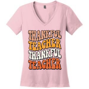 Retro Thankful Teacher Fall Thanksgiving Elementary Teacher Women's V-Neck T-Shirt