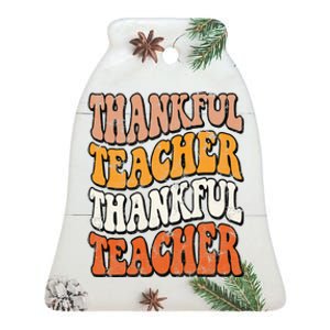 Retro Thankful Teacher Fall Thanksgiving Elementary Teacher Ceramic Bell Ornament