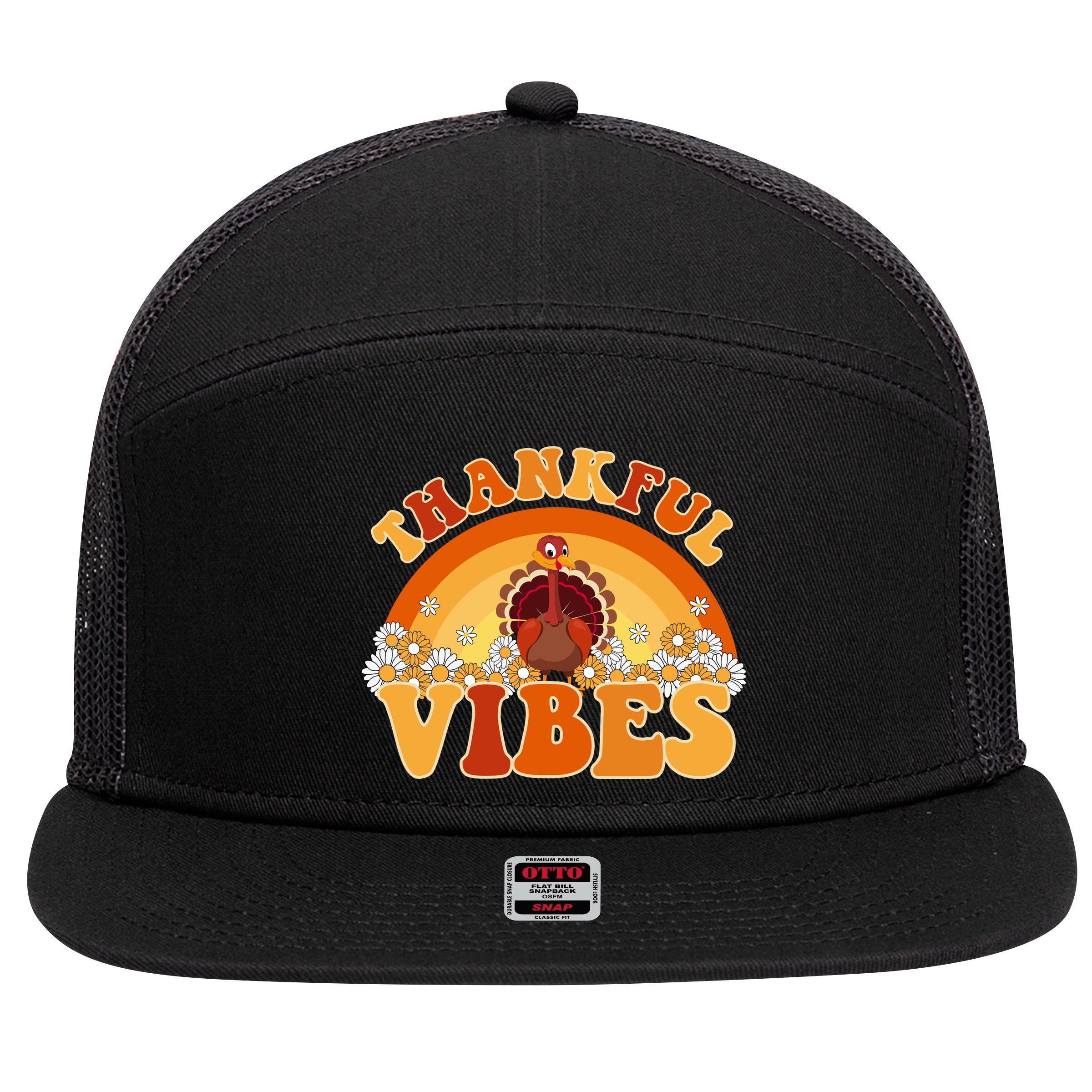 Retro Thanksgiving Thankful Vibes Turkey Sunset 7 Panel Mesh Trucker Snapback Hat