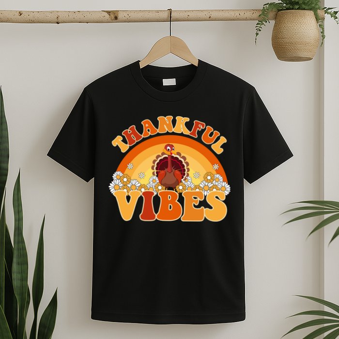 Retro Thanksgiving Thankful Vibes Turkey Sunset T-Shirt