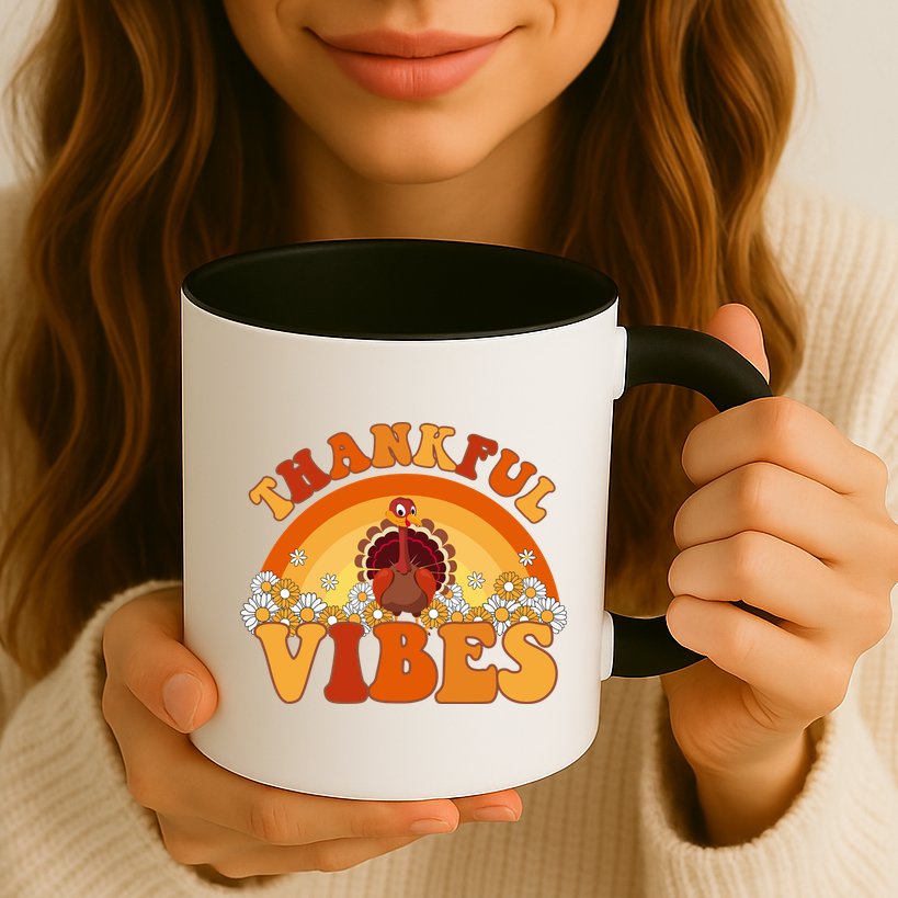 Retro Thanksgiving Thankful Vibes Turkey Sunset Mug