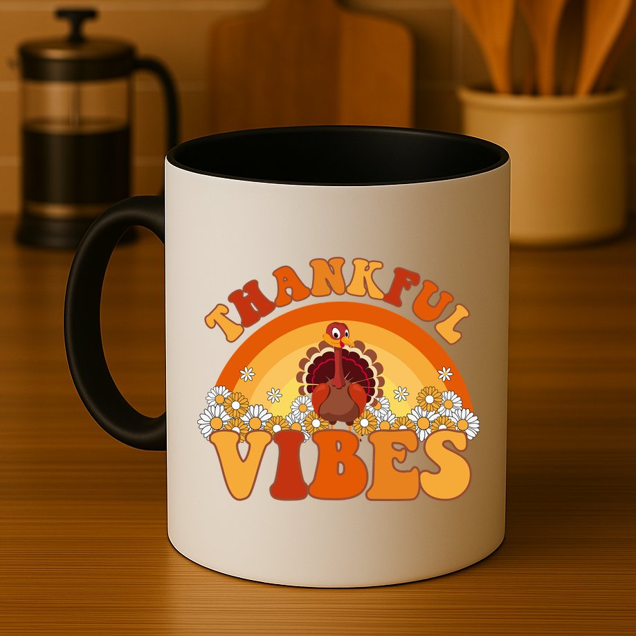 Retro Thanksgiving Thankful Vibes Turkey Sunset Mug