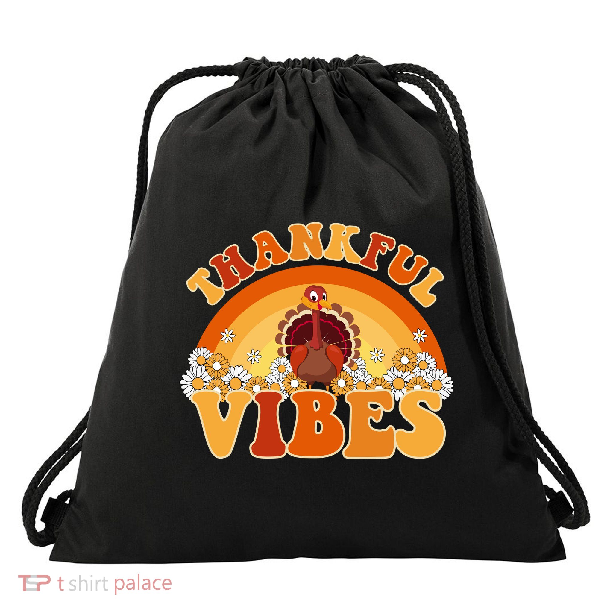 Retro Thanksgiving Thankful Vibes Turkey Sunset Drawstring Bag