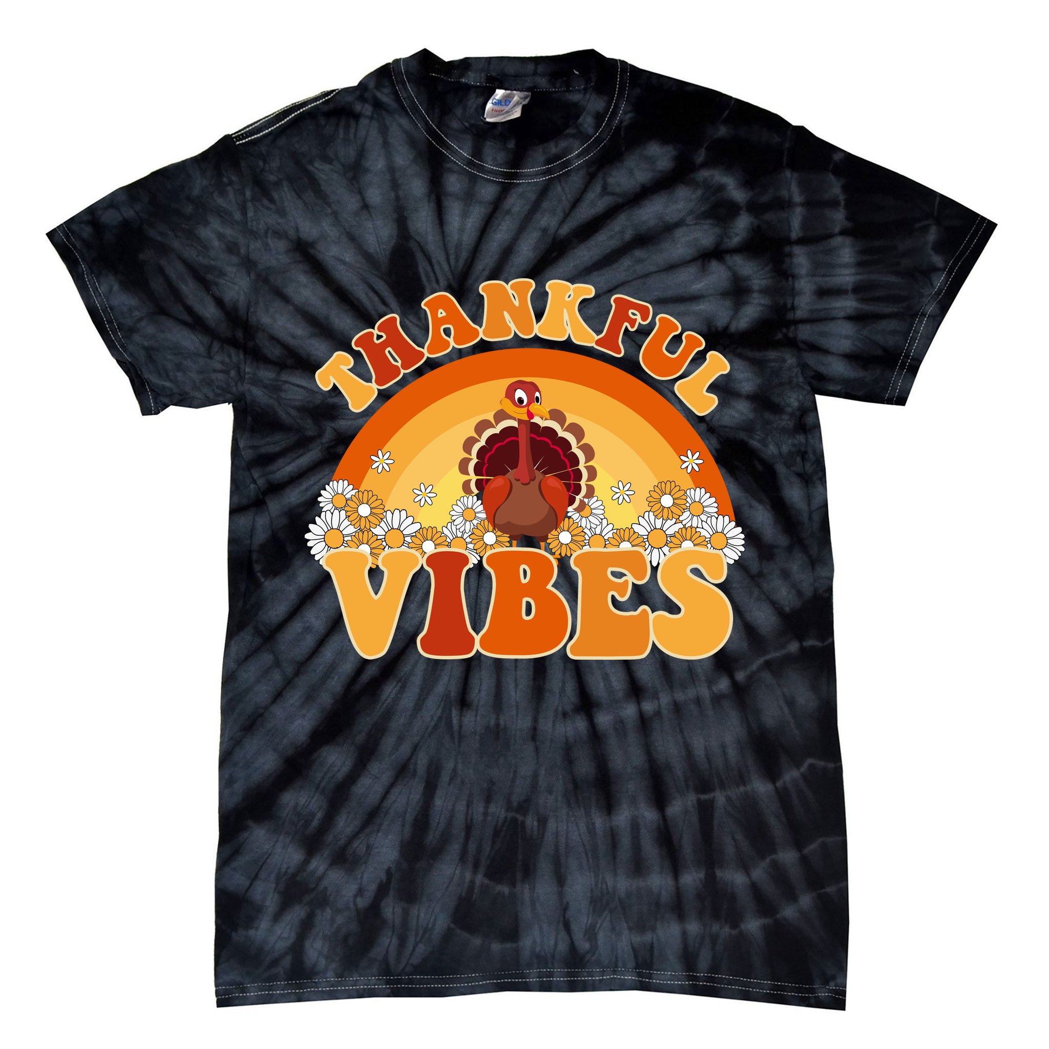 Retro Thanksgiving Thankful Vibes Turkey Sunset Tie-Dye T-Shirt
