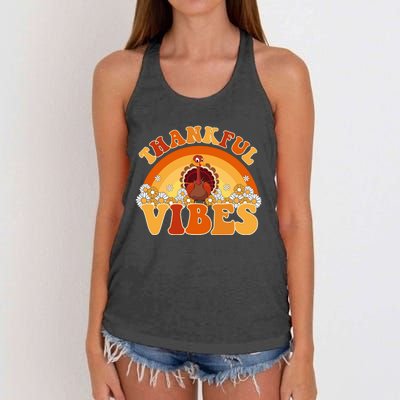 Retro Thanksgiving Thankful Vibes Turkey Sunset Women's Knotted Racerback Tank