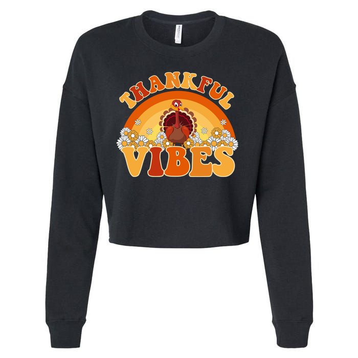 Retro Thanksgiving Thankful Vibes Turkey Sunset Cropped Pullover Crew