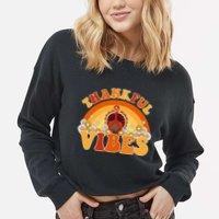 Retro Thanksgiving Thankful Vibes Turkey Sunset Cropped Pullover Crew