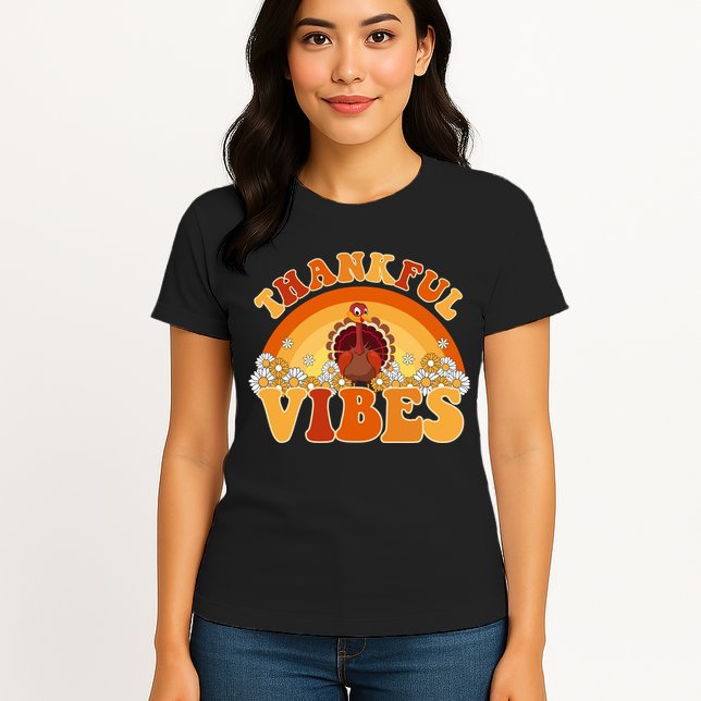 Retro Thanksgiving Thankful Vibes Turkey Sunset Womens T-Shirt