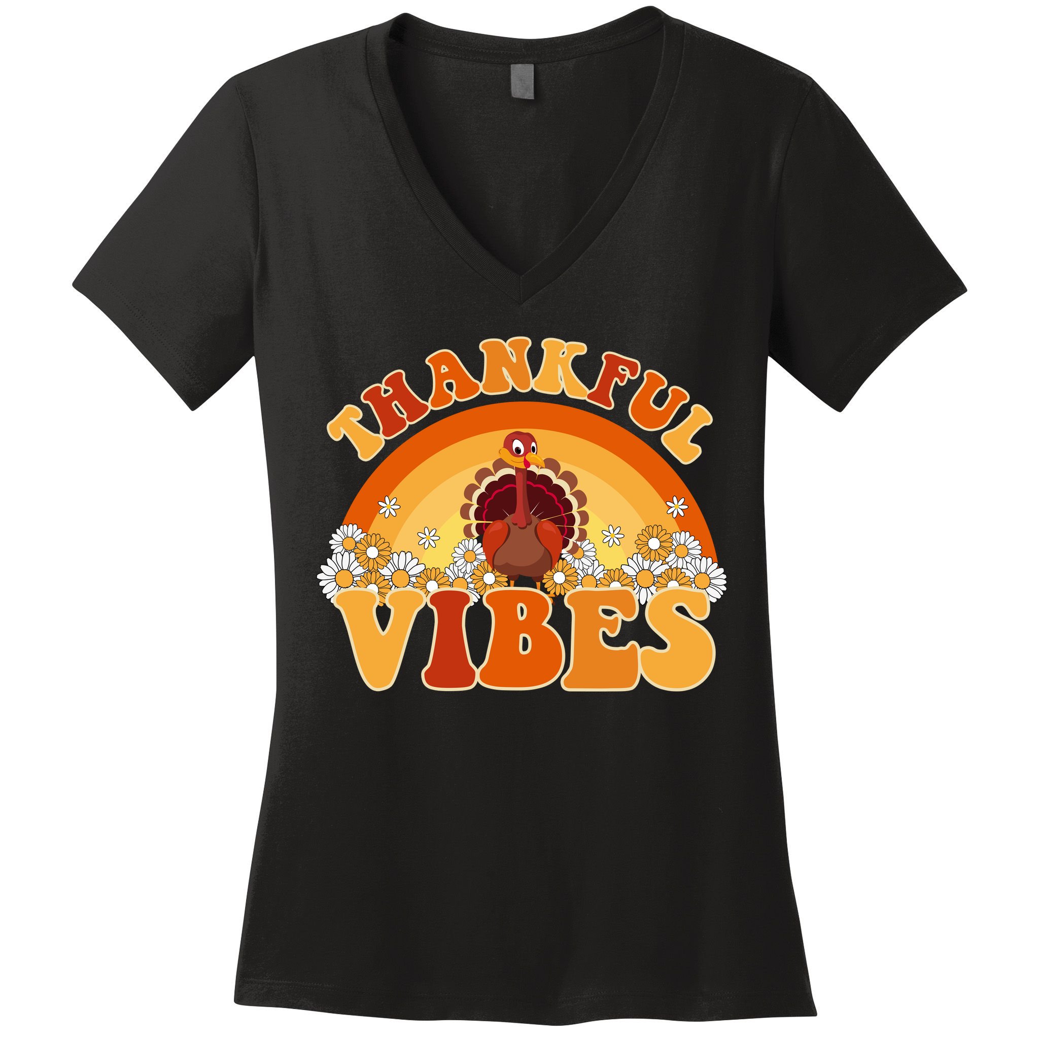 Retro Thanksgiving Thankful Vibes Turkey Sunset Women's V-Neck T-Shirt