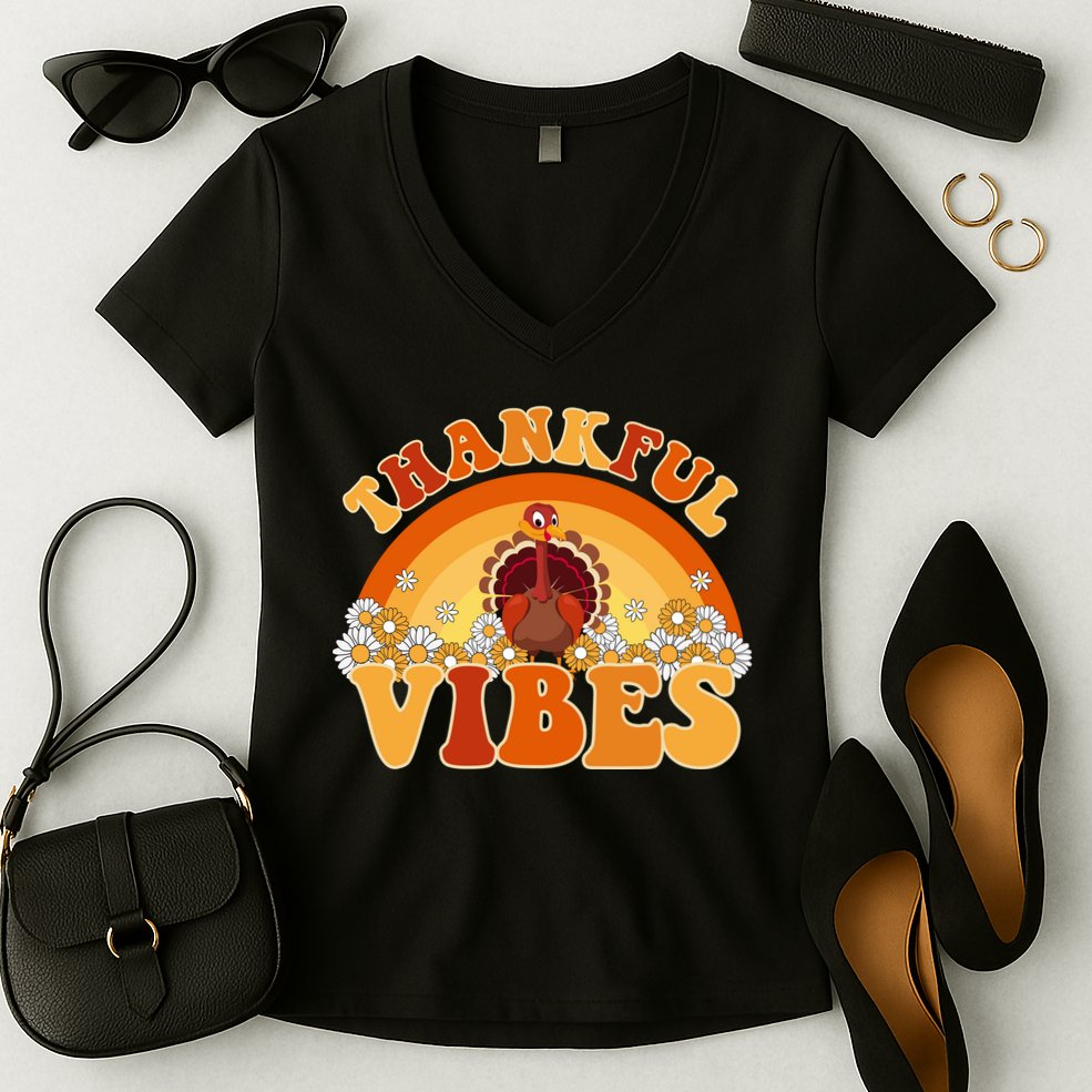 Retro Thanksgiving Thankful Vibes Turkey Sunset Women's V-Neck T-Shirt