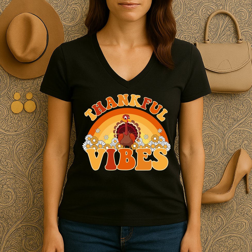 Retro Thanksgiving Thankful Vibes Turkey Sunset Women's V-Neck T-Shirt