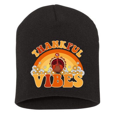 Retro Thanksgiving Thankful Vibes Turkey Sunset Short Acrylic Beanie