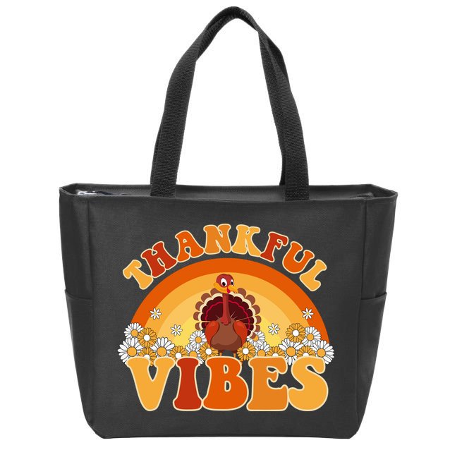 Retro Thanksgiving Thankful Vibes Turkey Sunset Zip Tote Bag