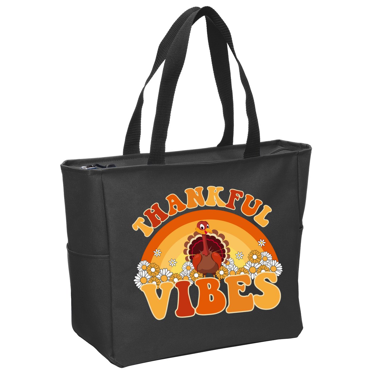 Retro Thanksgiving Thankful Vibes Turkey Sunset Zip Tote Bag