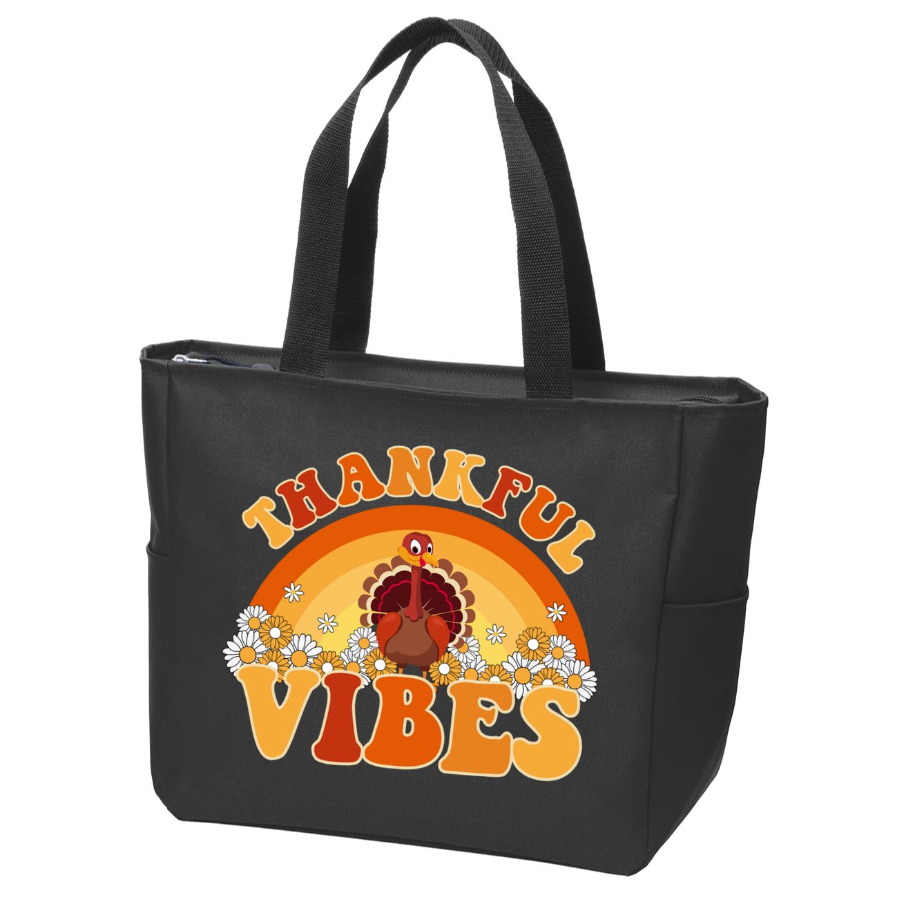 Retro Thanksgiving Thankful Vibes Turkey Sunset Zip Tote Bag