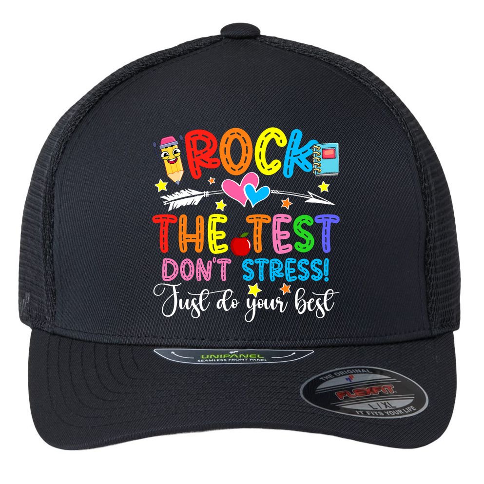 Rock The Test Don't Stress Do Your Best Testing Day Teacher  Flexfit Unipanel Trucker Cap