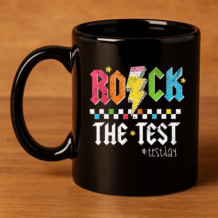 Rock The Test Testing Day Retro Motivational Teacher 11oz C Handle Ceramic Mug