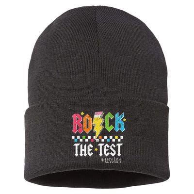 Rock The Test Testing Day Retro Motivational Teacher Sustainable Knit Beanie