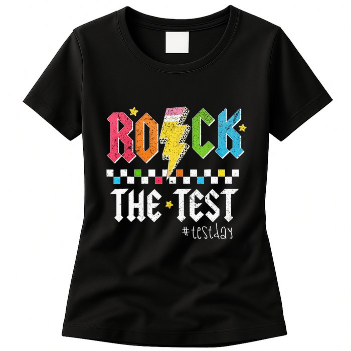 Rock The Test Testing Day Retro Motivational Teacher Womens T-Shirt
