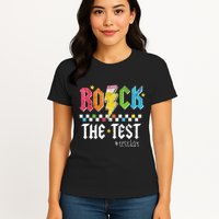 Rock The Test Testing Day Retro Motivational Teacher Womens T-Shirt