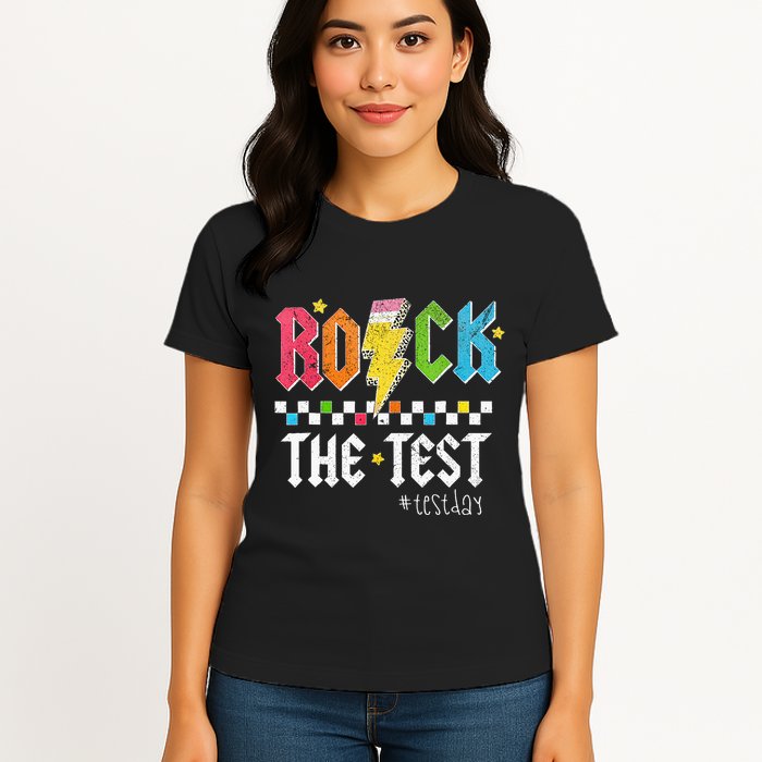 Rock The Test Testing Day Retro Motivational Teacher Womens T-Shirt