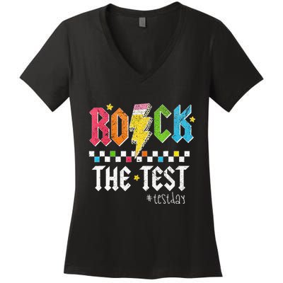 Rock The Test Testing Day Retro Motivational Teacher Women's V-Neck T-Shirt