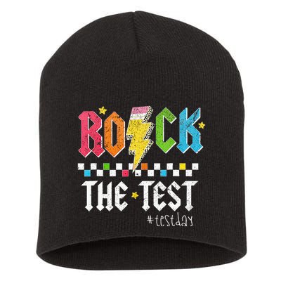 Rock The Test Testing Day Retro Motivational Teacher Short Acrylic Beanie