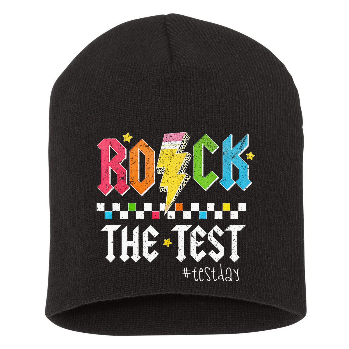 Rock The Test Testing Day Retro Motivational Teacher Short Acrylic Beanie