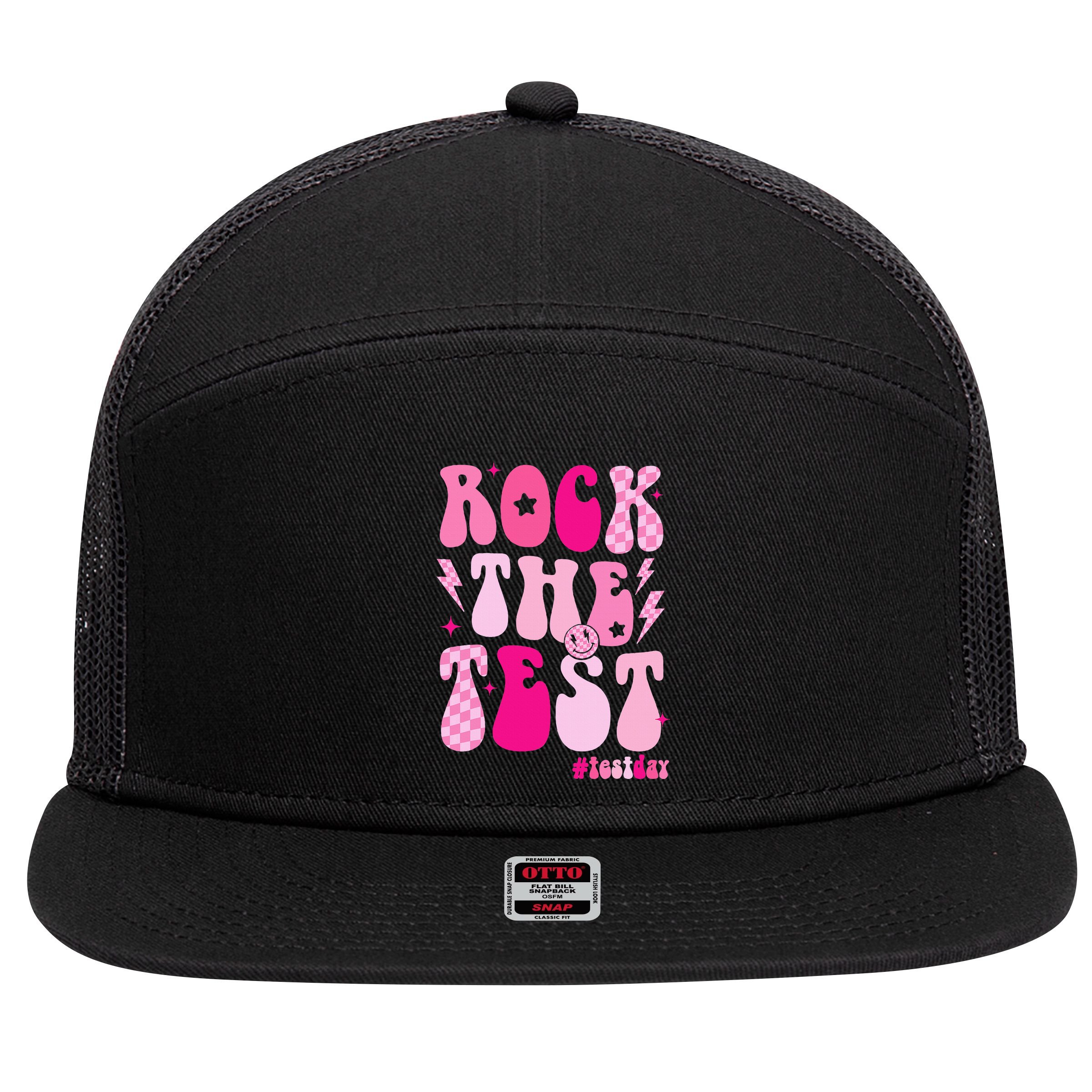 Rock The Test Testing Day Retro Motivational 7 Panel Mesh Trucker Snapback Hat