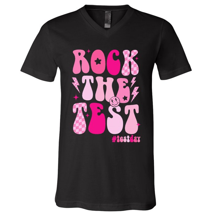 Rock The Test Testing Day Retro Motivational V-Neck T-Shirt