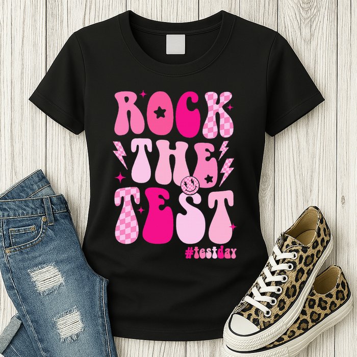 Rock The Test Testing Day Retro Motivational Womens T-Shirt