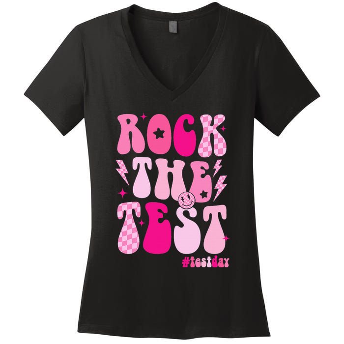 Rock The Test Testing Day Retro Motivational Women's V-Neck T-Shirt