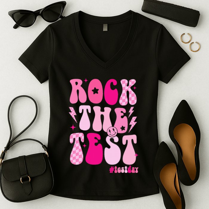 Rock The Test Testing Day Retro Motivational Women's V-Neck T-Shirt