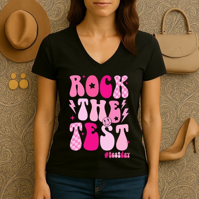 Rock The Test Testing Day Retro Motivational Women's V-Neck T-Shirt