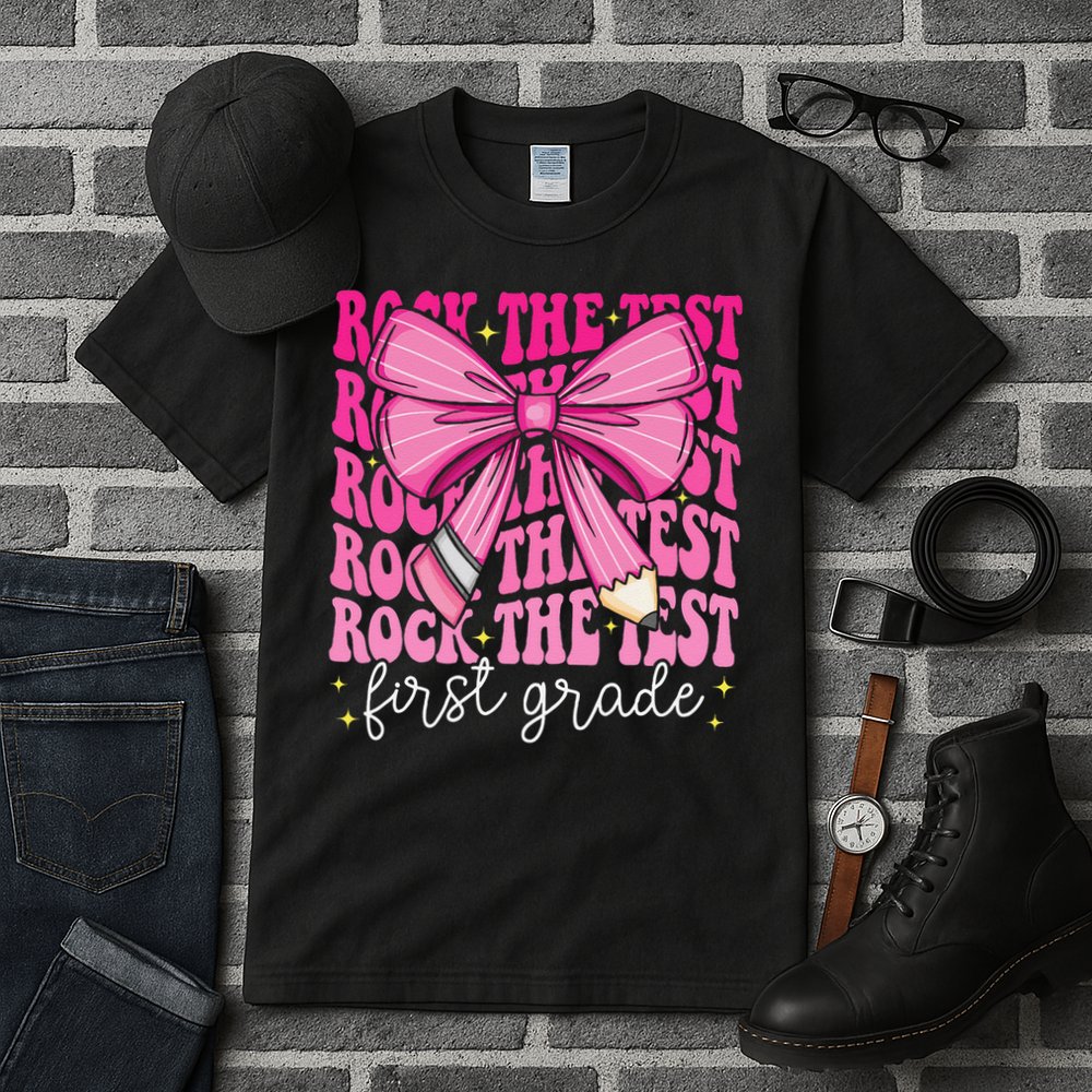 Rock The Test Day 1st Grade Teacher First Grade Testing Day Tall T-Shirt