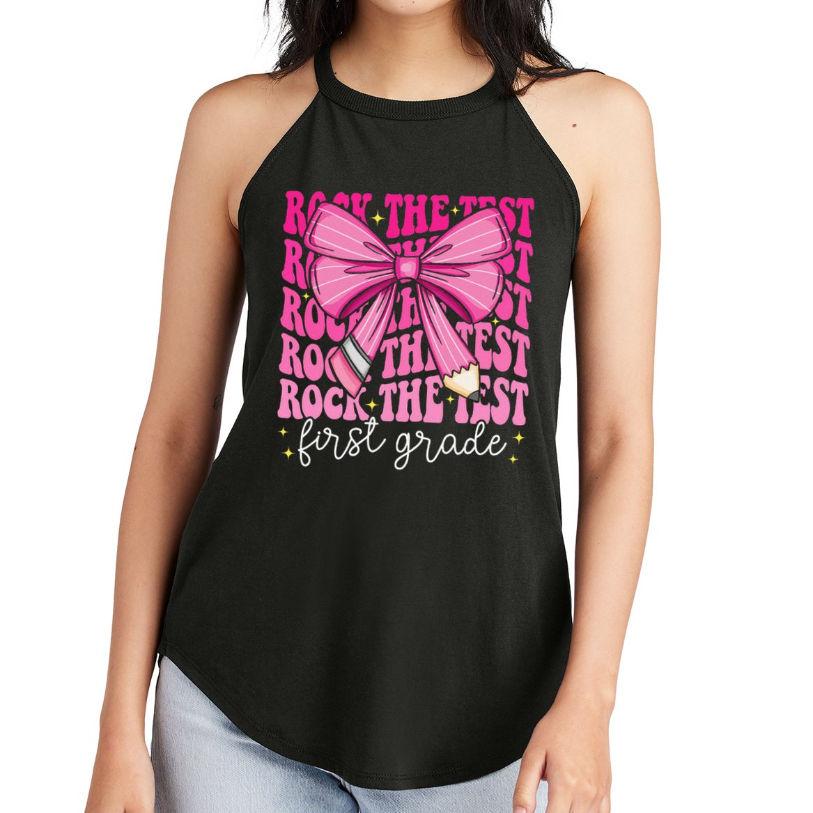 Rock The Test Day 1st Grade Teacher First Grade Testing Day Women's Perfect Tri Rocker Tank