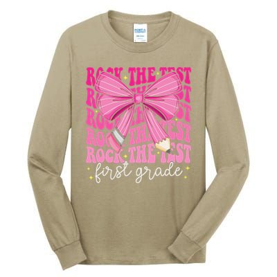 Rock The Test Day 1st Grade Teacher First Grade Testing Day Tall Long Sleeve T-Shirt