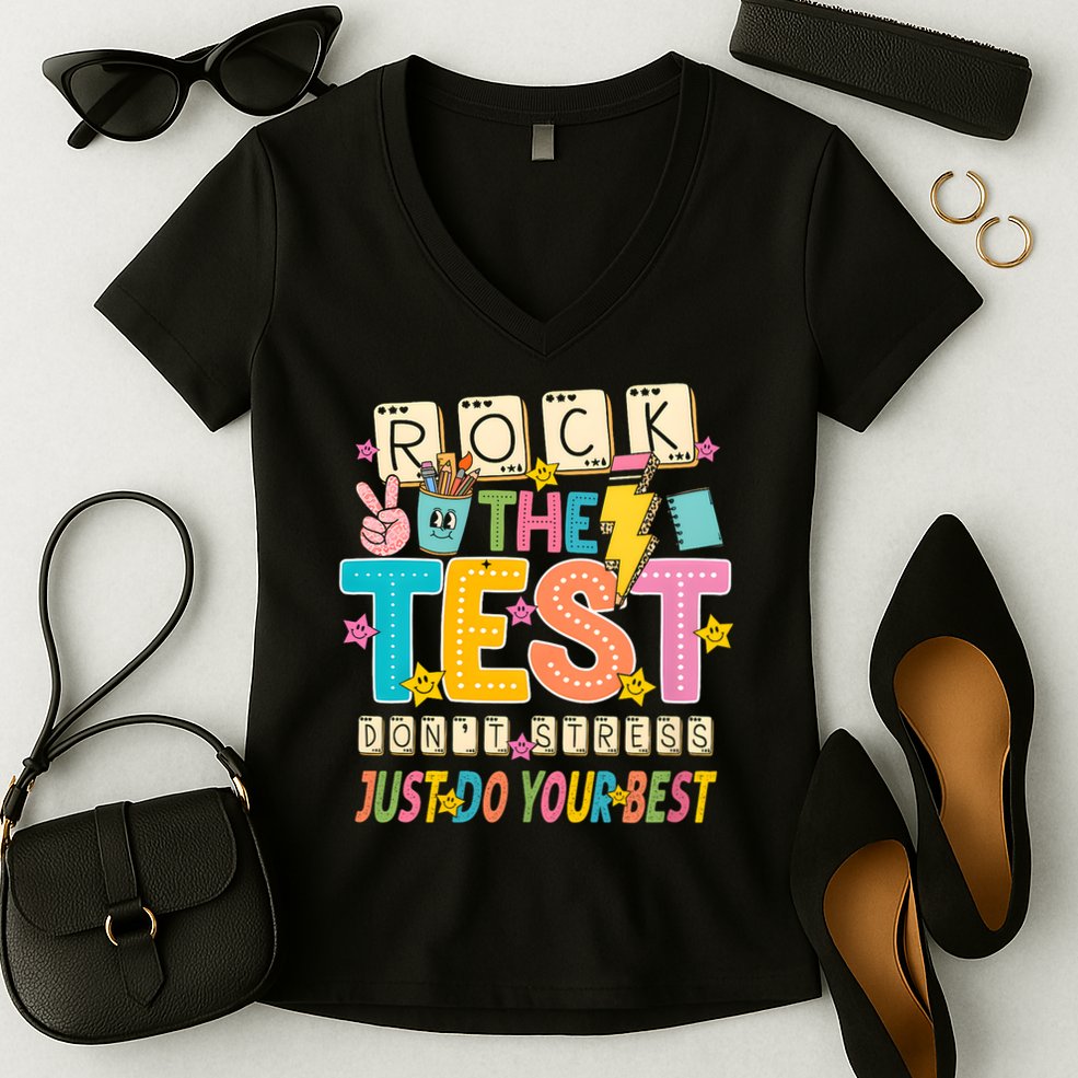Rock The Test Don't Stress Just Do Your Best Teacher Testing Women's V-Neck T-Shirt