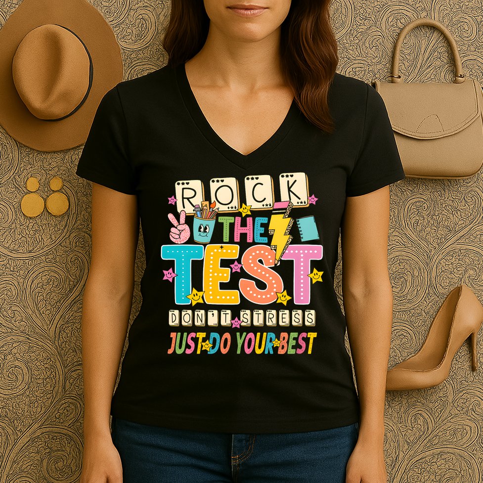Rock The Test Don't Stress Just Do Your Best Teacher Testing Women's V-Neck T-Shirt