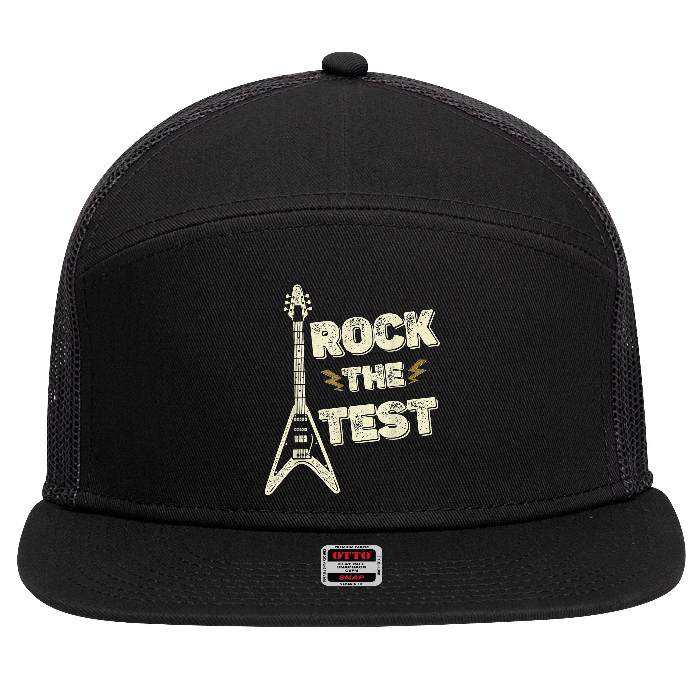 Rock The Test Guitar Teacher Test Day Testing Day Teacher 7 Panel Mesh Trucker Snapback Hat