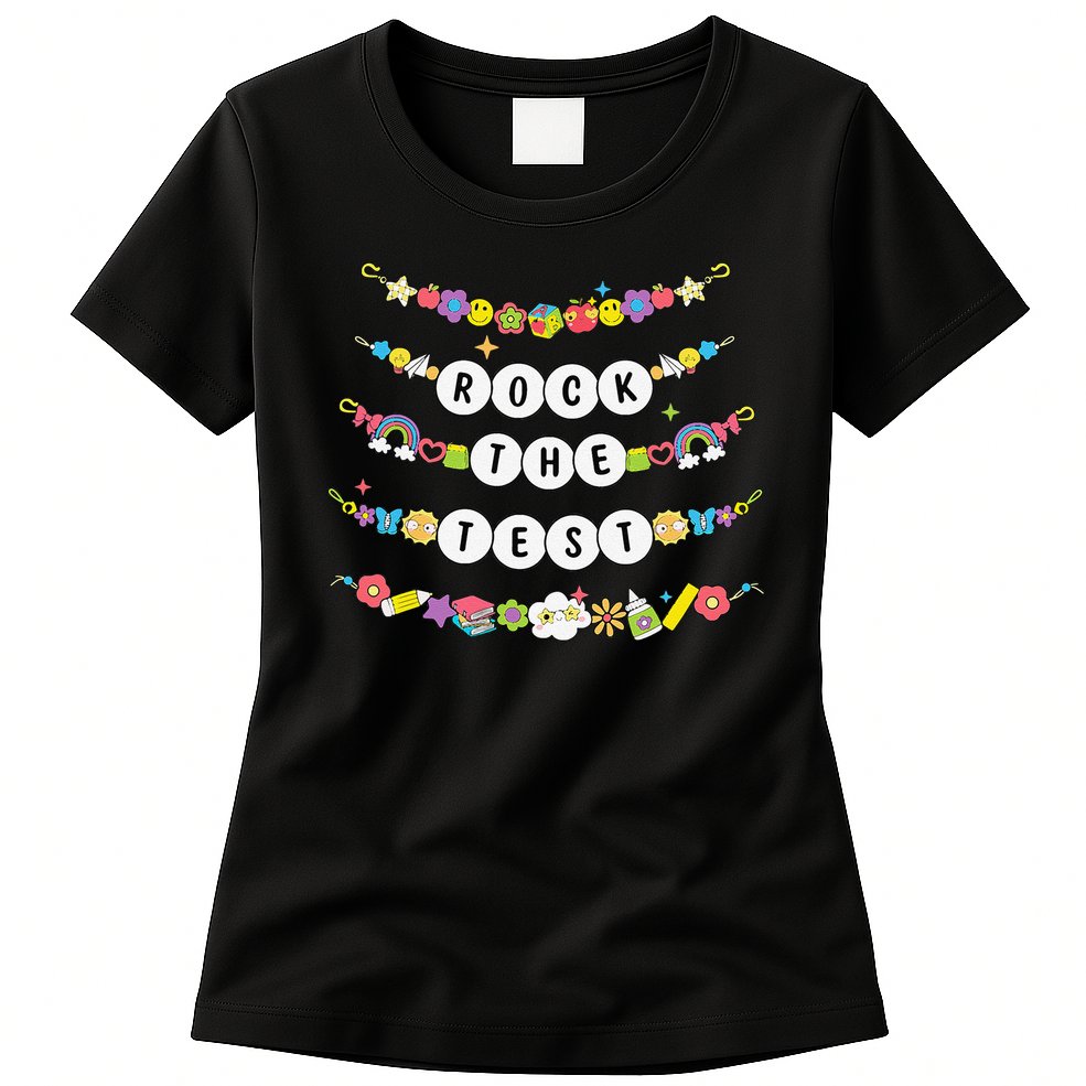 Rock The Test Testing Day Cute Friendship Bracelets Teacher Womens T-Shirt