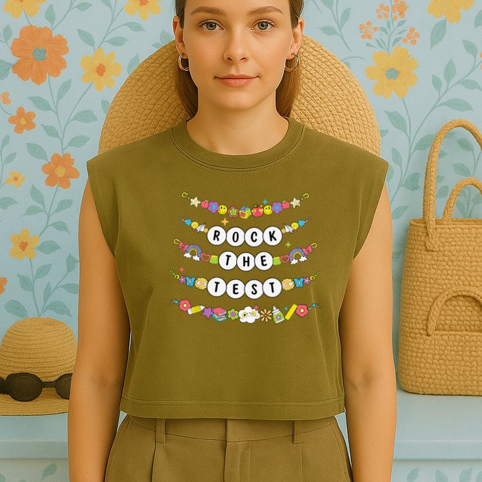 Rock The Test Testing Day Cute Friendship Bracelets Teacher Garment-Dyed Women's Muscle Tee