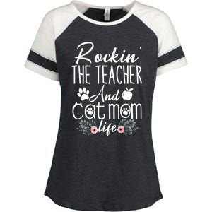 Rockin' The Teacher And Cat Mom Life Funny Teacher Funny Gift Enza Ladies Jersey Colorblock Tee