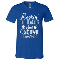 Rockin' The Teacher And Cat Mom Life Funny Teacher Funny Gift V-Neck T-Shirt